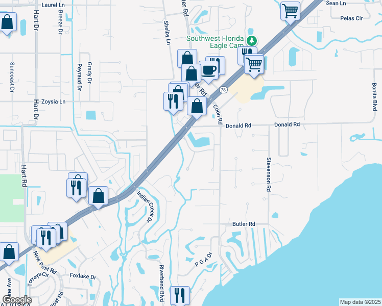map of restaurants, bars, coffee shops, grocery stores, and more near 15131 Piping Plover Court in North Fort Myers