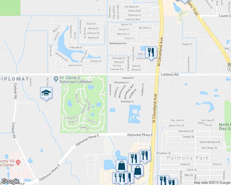 map of restaurants, bars, coffee shops, grocery stores, and more near 276 Moonwind Drive in North Fort Myers