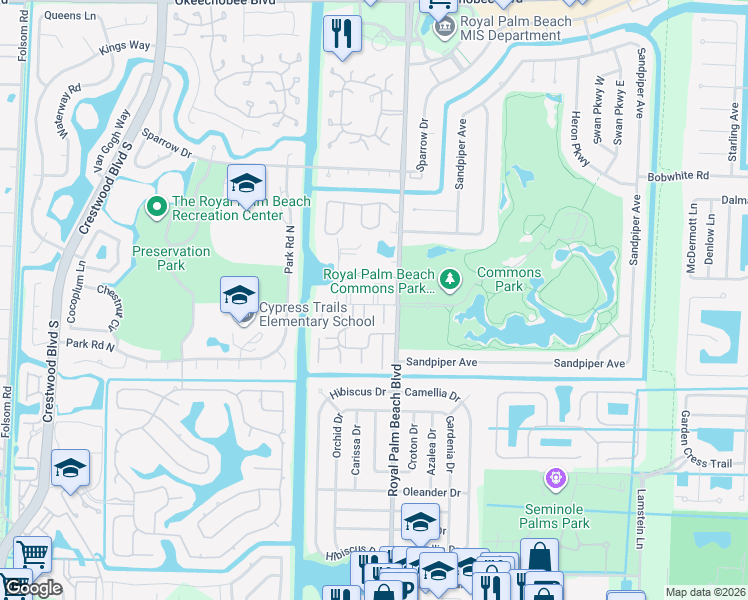 map of restaurants, bars, coffee shops, grocery stores, and more near 12009 Poinciana Boulevard in Royal Palm Beach
