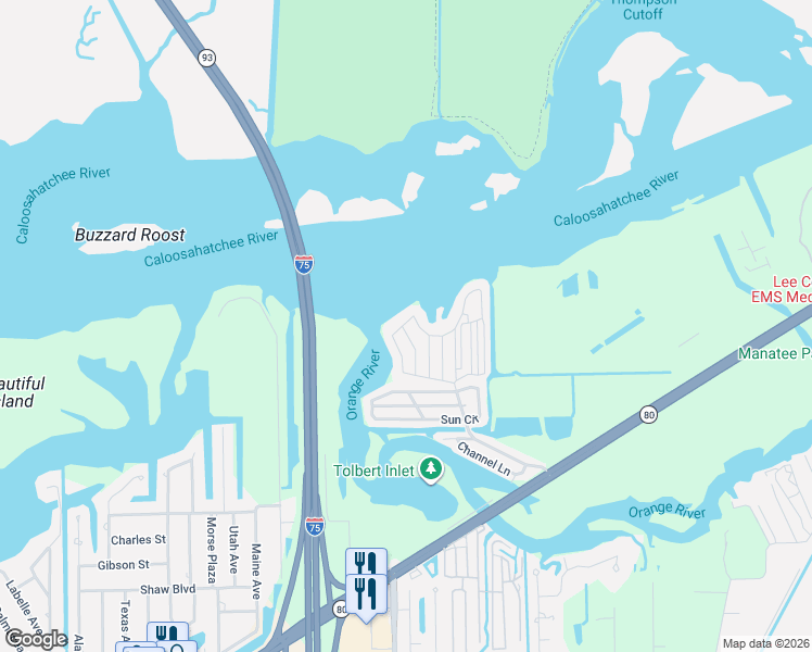 map of restaurants, bars, coffee shops, grocery stores, and more near 290 Valencia Drive in Fort Myers