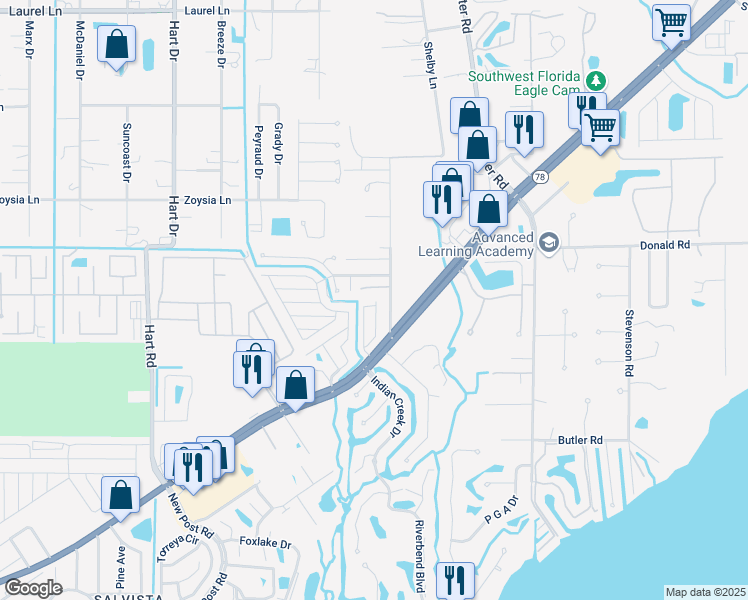 map of restaurants, bars, coffee shops, grocery stores, and more near 140 Lamplighter Lane in North Fort Myers