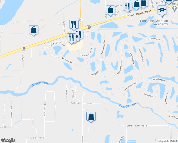 map of restaurants, bars, coffee shops, grocery stores, and more near 3411 Shady Bend in Fort Myers