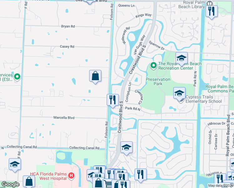 map of restaurants, bars, coffee shops, grocery stores, and more near 128 Nottingham Road in Royal Palm Beach