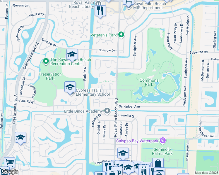 map of restaurants, bars, coffee shops, grocery stores, and more near 12009 Poinciana Boulevard in Royal Palm Beach