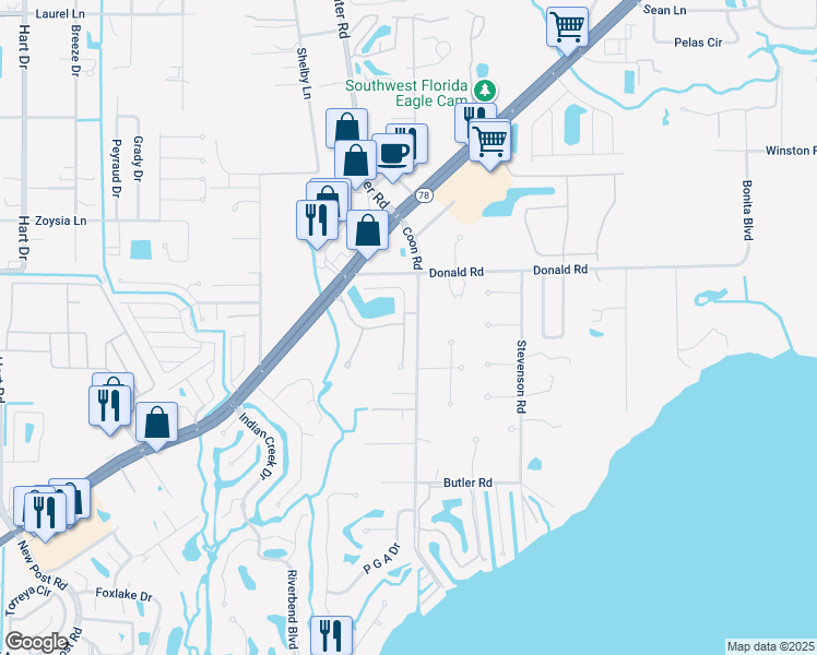 map of restaurants, bars, coffee shops, grocery stores, and more near 15120 Caspian Tern Court in North Fort Myers
