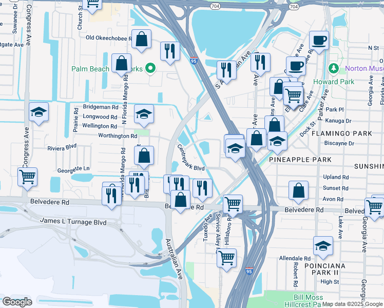 map of restaurants, bars, coffee shops, grocery stores, and more near 1475 Centrepark Boulevard in West Palm Beach