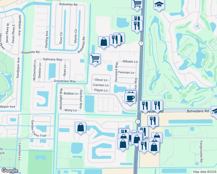 map of restaurants, bars, coffee shops, grocery stores, and more near 10290 Carmen Lane in Royal Palm Beach