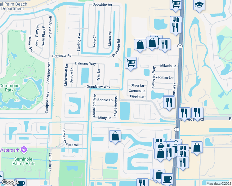 map of restaurants, bars, coffee shops, grocery stores, and more near 1397 Elmbank Way in Royal Palm Beach