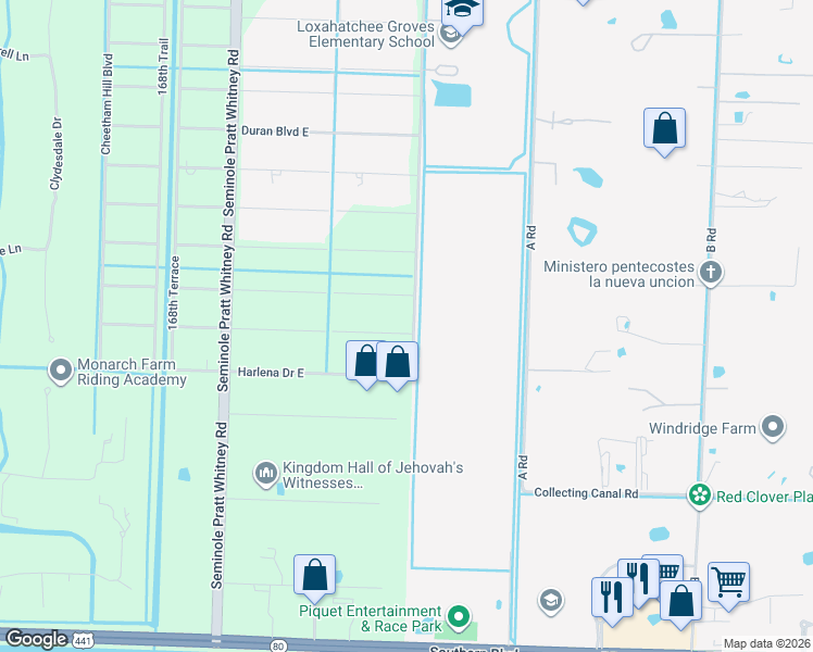 map of restaurants, bars, coffee shops, grocery stores, and more near 16032 Aintree Drive East in Loxahatchee