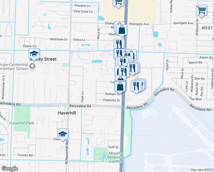 map of restaurants, bars, coffee shops, grocery stores, and more near 4607 Cole Street in West Palm Beach