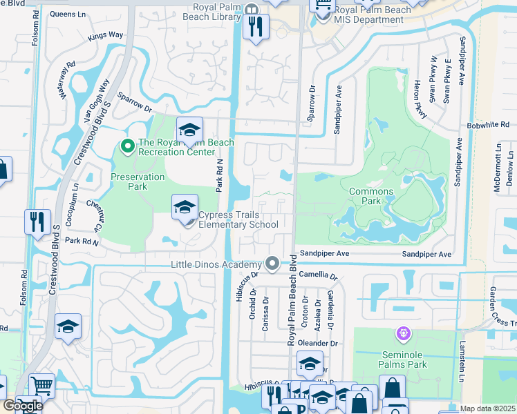 map of restaurants, bars, coffee shops, grocery stores, and more near 21 East Court in Royal Palm Beach