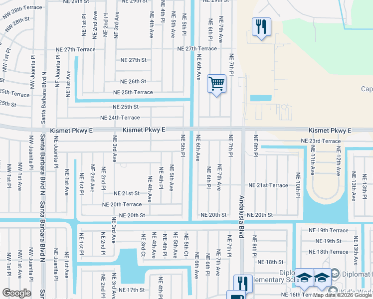 map of restaurants, bars, coffee shops, grocery stores, and more near 2315 Northeast 5th Place in Cape Coral