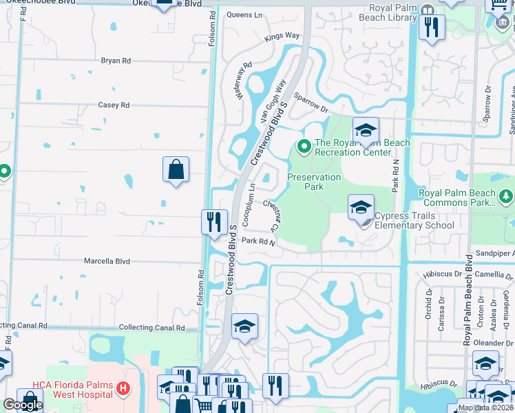 map of restaurants, bars, coffee shops, grocery stores, and more near 102 Chestnut Circle in Royal Palm Beach