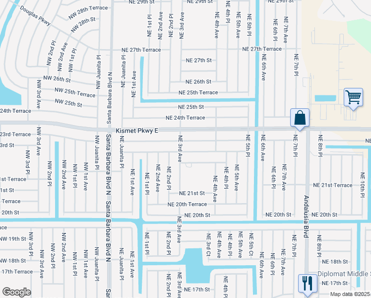 map of restaurants, bars, coffee shops, grocery stores, and more near 305 Northeast 23rd Terrace in Cape Coral