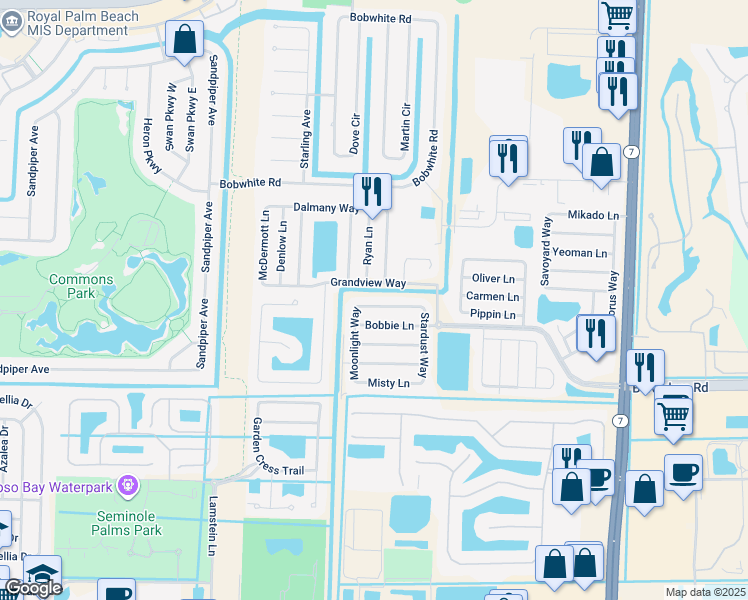 map of restaurants, bars, coffee shops, grocery stores, and more near 10683 Aquarius Lane in Royal Palm Beach