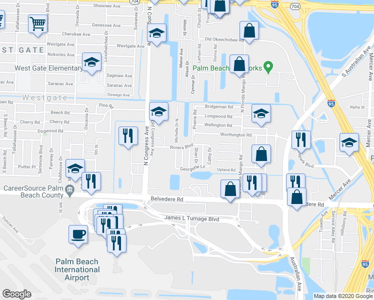 map of restaurants, bars, coffee shops, grocery stores, and more near 1259 Dianne Drive in West Palm Beach