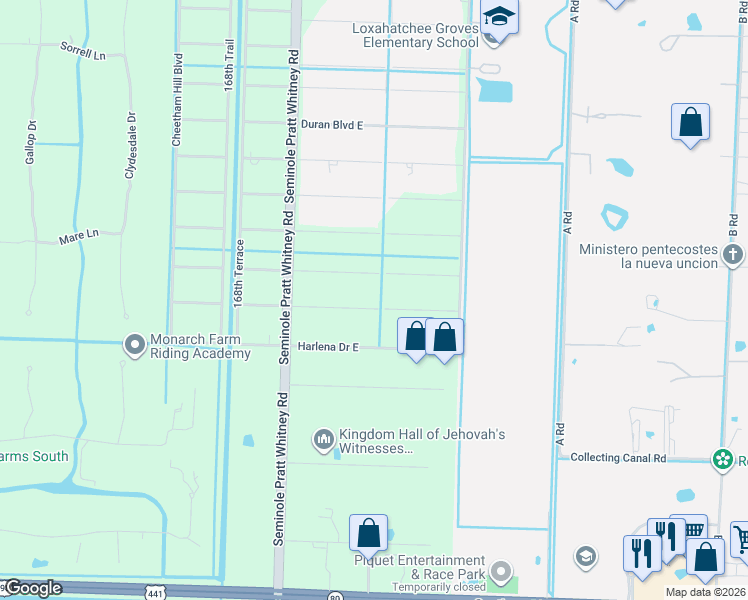 map of restaurants, bars, coffee shops, grocery stores, and more near 16244 Aintree Drive East in Loxahatchee