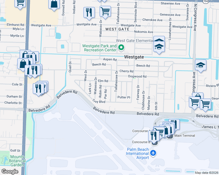 map of restaurants, bars, coffee shops, grocery stores, and more near 708 Elm Road in West Palm Beach