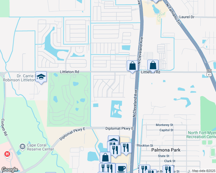 map of restaurants, bars, coffee shops, grocery stores, and more near 34 Serendipity Boulevard in North Fort Myers