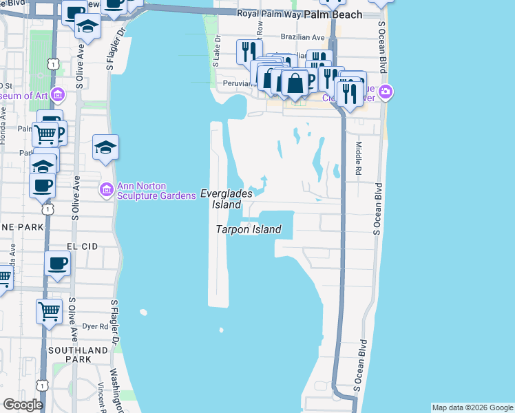 map of restaurants, bars, coffee shops, grocery stores, and more near 600 Tarpon Way in Palm Beach