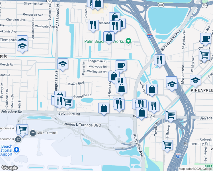 map of restaurants, bars, coffee shops, grocery stores, and more near 2007 Kenwood Road in West Palm Beach