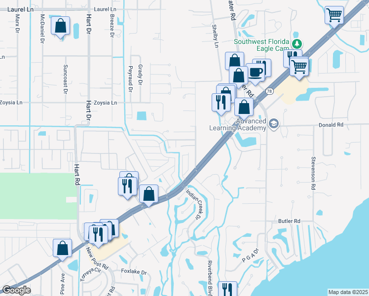 map of restaurants, bars, coffee shops, grocery stores, and more near 706 Lbj Lane in North Fort Myers