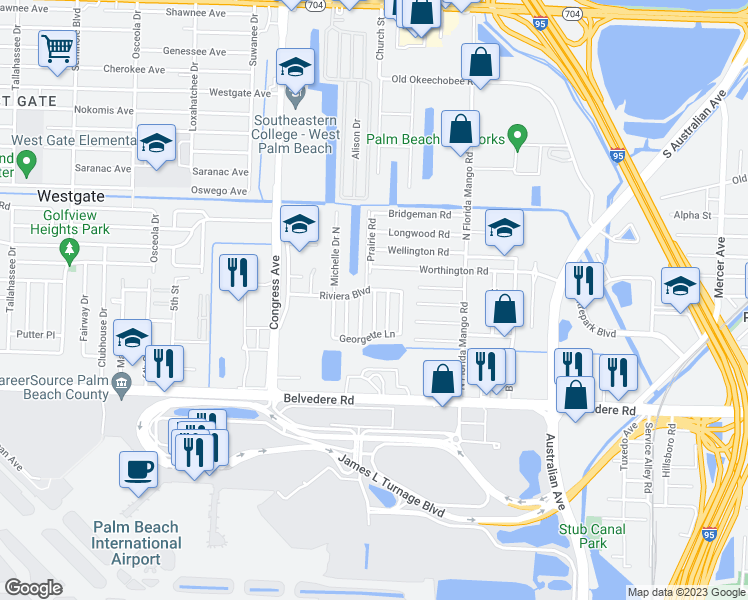 map of restaurants, bars, coffee shops, grocery stores, and more near 181 Shari Drive in West Palm Beach