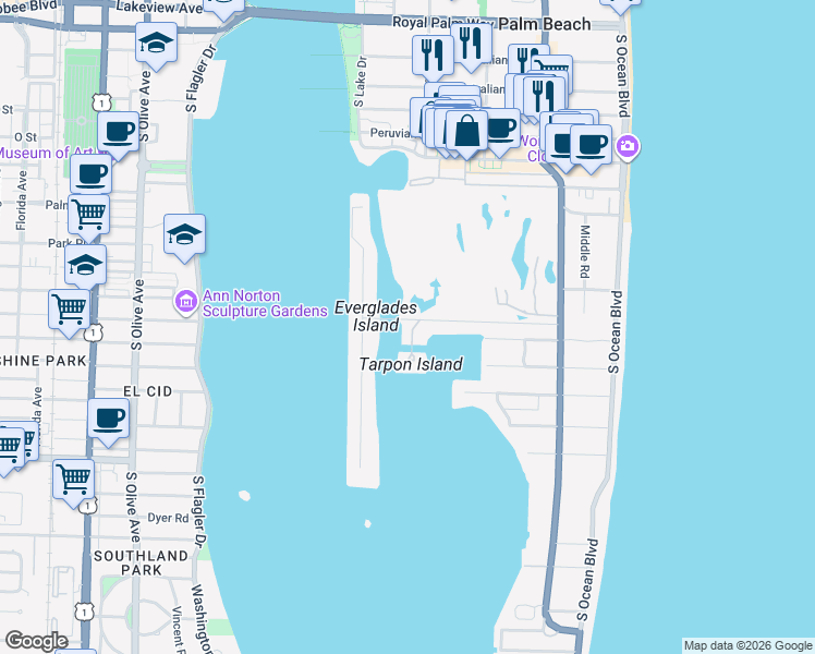 map of restaurants, bars, coffee shops, grocery stores, and more near 600 Tarpon Way in Palm Beach
