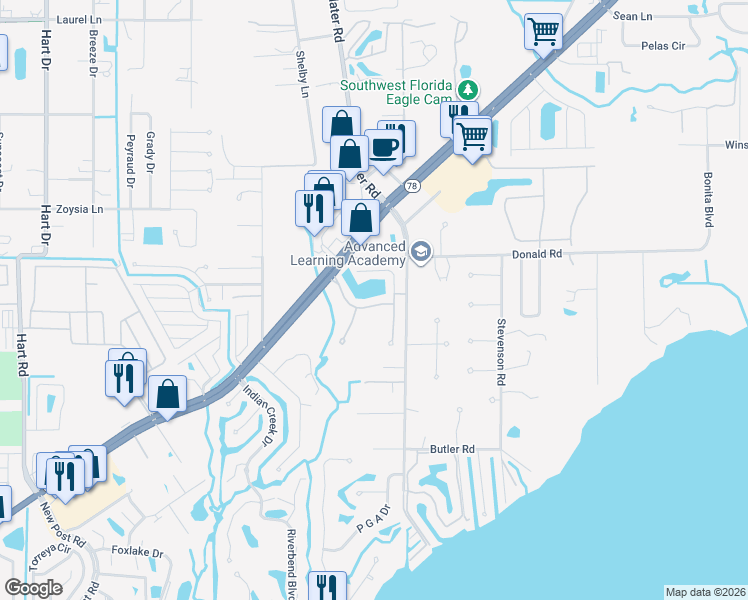 map of restaurants, bars, coffee shops, grocery stores, and more near 15001 Caspian Tern Court in North Fort Myers