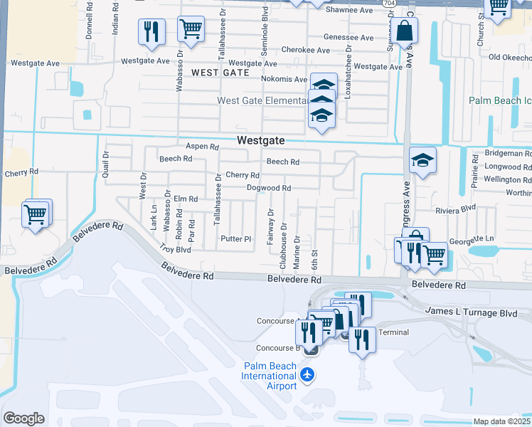 map of restaurants, bars, coffee shops, grocery stores, and more near 2312 Seminole Boulevard in West Palm Beach