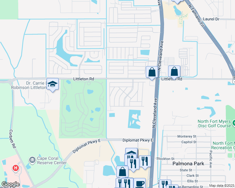 map of restaurants, bars, coffee shops, grocery stores, and more near 289 Crystal Lane in North Fort Myers