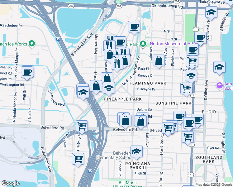 map of restaurants, bars, coffee shops, grocery stores, and more near 2131 Dock Street in West Palm Beach