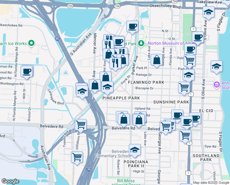 map of restaurants, bars, coffee shops, grocery stores, and more near 2131 Dock Street in West Palm Beach