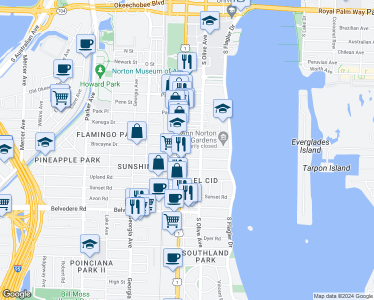 map of restaurants, bars, coffee shops, grocery stores, and more near 326 Barcelona Road in West Palm Beach