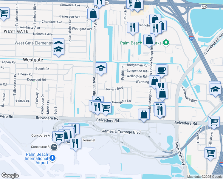 map of restaurants, bars, coffee shops, grocery stores, and more near 1289 Michelle Drive North in West Palm Beach
