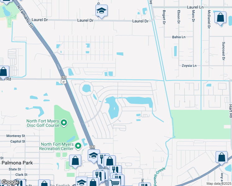 map of restaurants, bars, coffee shops, grocery stores, and more near 657 Brigantine Boulevard in North Fort Myers