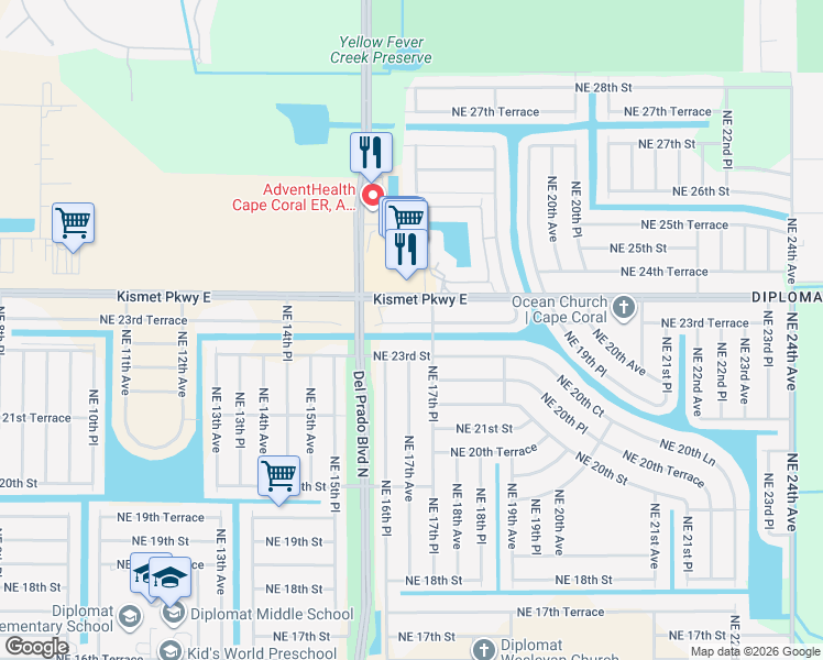 map of restaurants, bars, coffee shops, grocery stores, and more near 1617 Northeast 23rd Terrace in Cape Coral