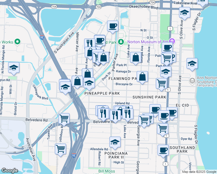 map of restaurants, bars, coffee shops, grocery stores, and more near 2015 Parker Avenue in West Palm Beach