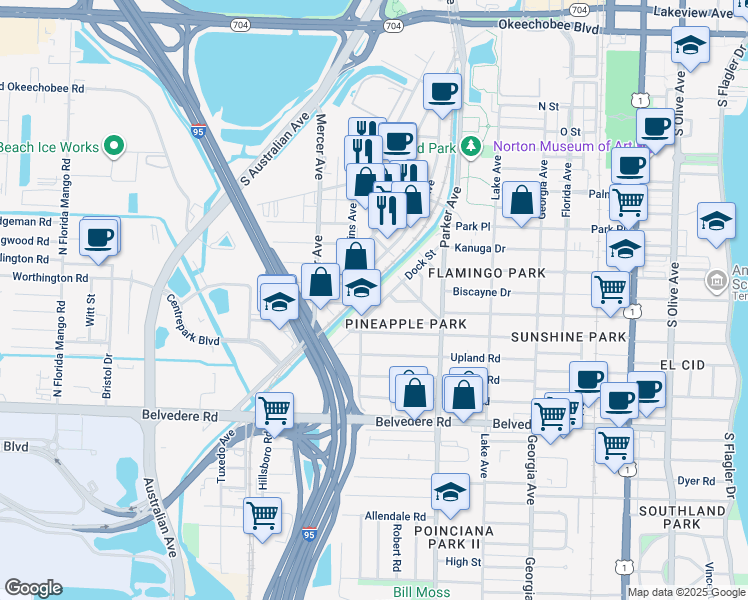 map of restaurants, bars, coffee shops, grocery stores, and more near 2135 Dock Street in West Palm Beach