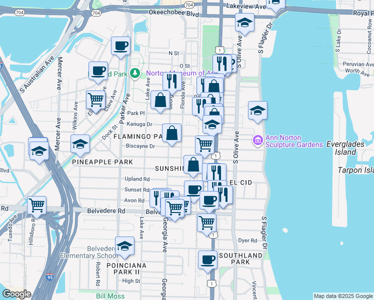 map of restaurants, bars, coffee shops, grocery stores, and more near 515 Biscayne Drive in West Palm Beach