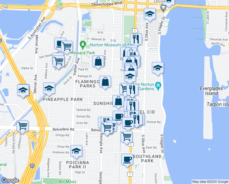 map of restaurants, bars, coffee shops, grocery stores, and more near 515 Biscayne Drive in West Palm Beach