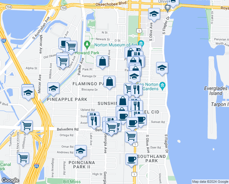 map of restaurants, bars, coffee shops, grocery stores, and more near 621 Biscayne Drive in West Palm Beach