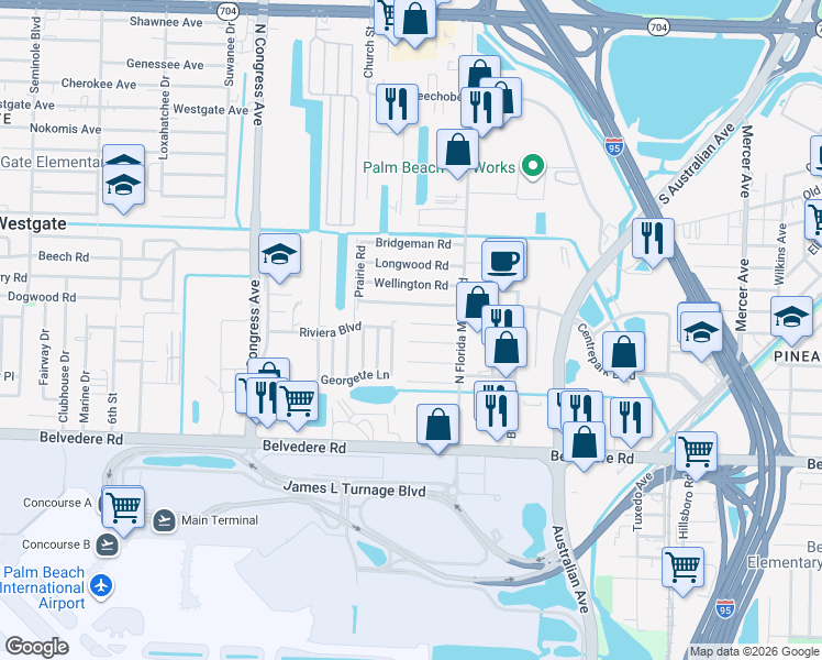 map of restaurants, bars, coffee shops, grocery stores, and more near 2033 Whitney Road in West Palm Beach