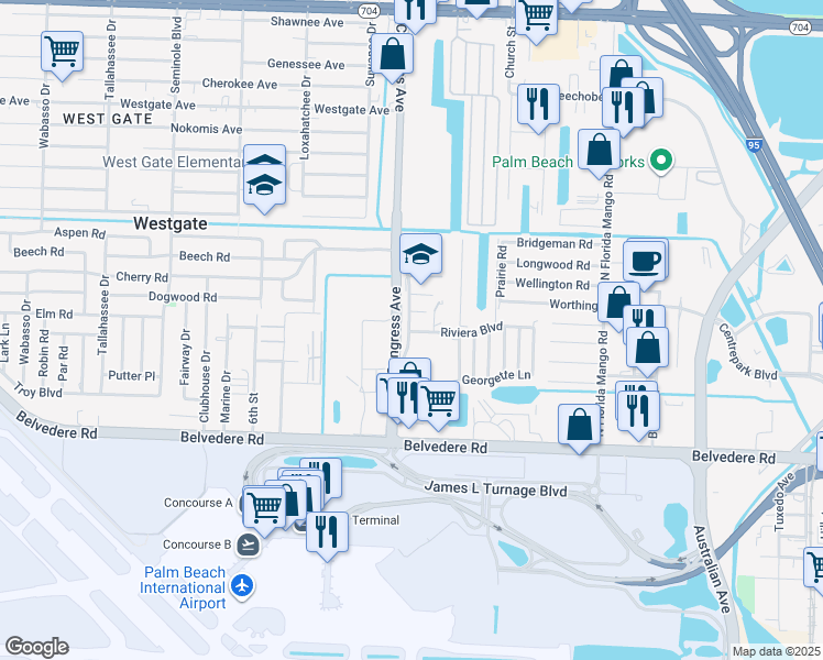 map of restaurants, bars, coffee shops, grocery stores, and more near 1280 Old Congress Avenue in West Palm Beach