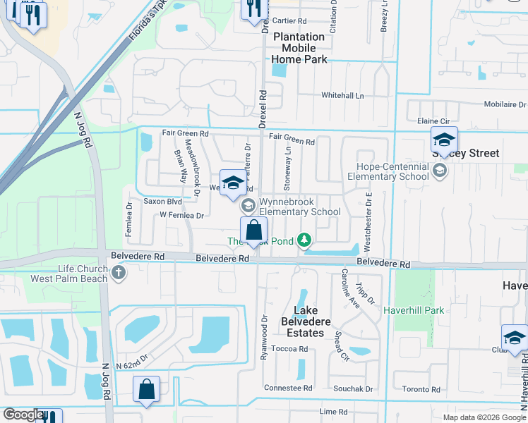 map of restaurants, bars, coffee shops, grocery stores, and more near 1202 Drexel Road in West Palm Beach