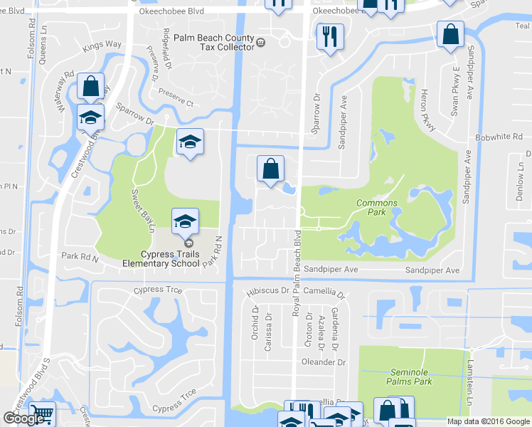 map of restaurants, bars, coffee shops, grocery stores, and more near 21 East Court in Royal Palm Beach