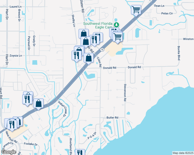 map of restaurants, bars, coffee shops, grocery stores, and more near 15050 Caspian Tern Court in North Fort Myers