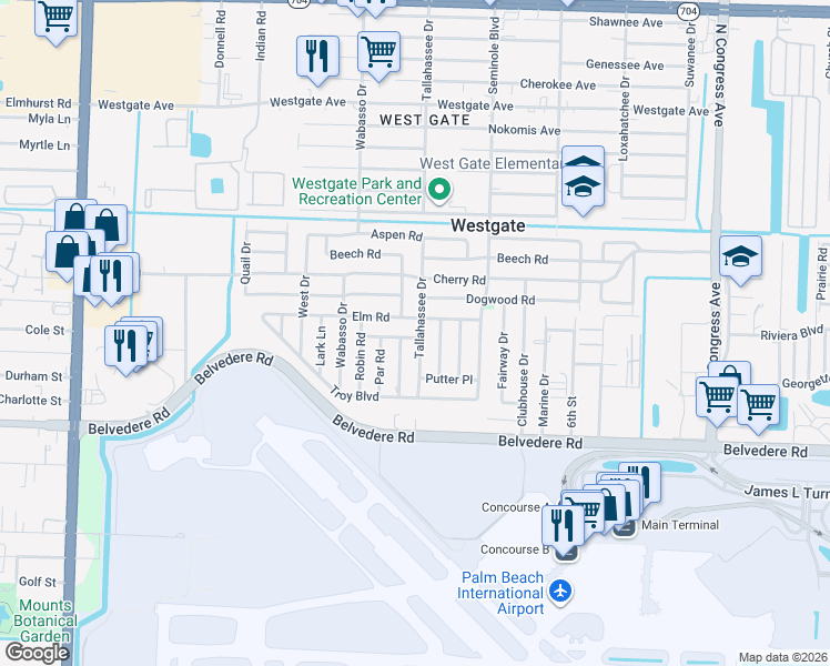 map of restaurants, bars, coffee shops, grocery stores, and more near 709 Caddie Place in West Palm Beach