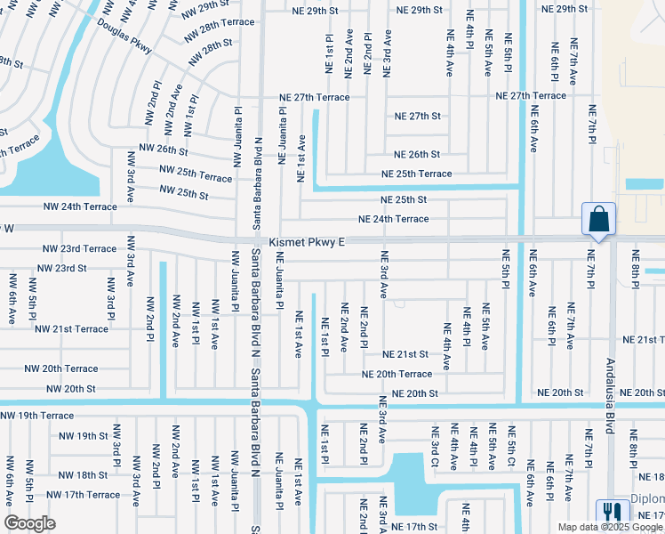 map of restaurants, bars, coffee shops, grocery stores, and more near 122 Northeast 23rd Terrace in Cape Coral