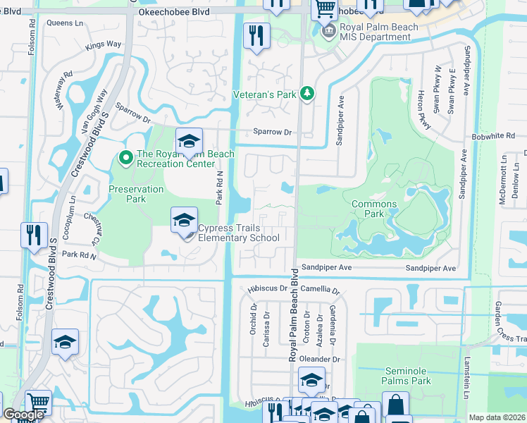 map of restaurants, bars, coffee shops, grocery stores, and more near 21 East Court in Royal Palm Beach